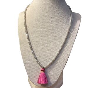 NWT Lizou Shimmering Grey Faceted Rondelle Crystal Beaded Necklace W/Pink Tassel